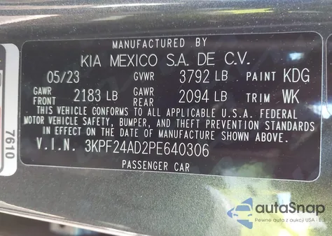 2023 Kia Forte Lxs из США, поврежденный, VIN 3KPF24AD2PE640306